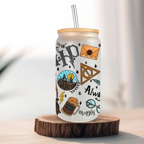 Harry Potter  16oz Frosted Libbey Glass Can with Bamboo Lid and Straw - Picture 4 of 5